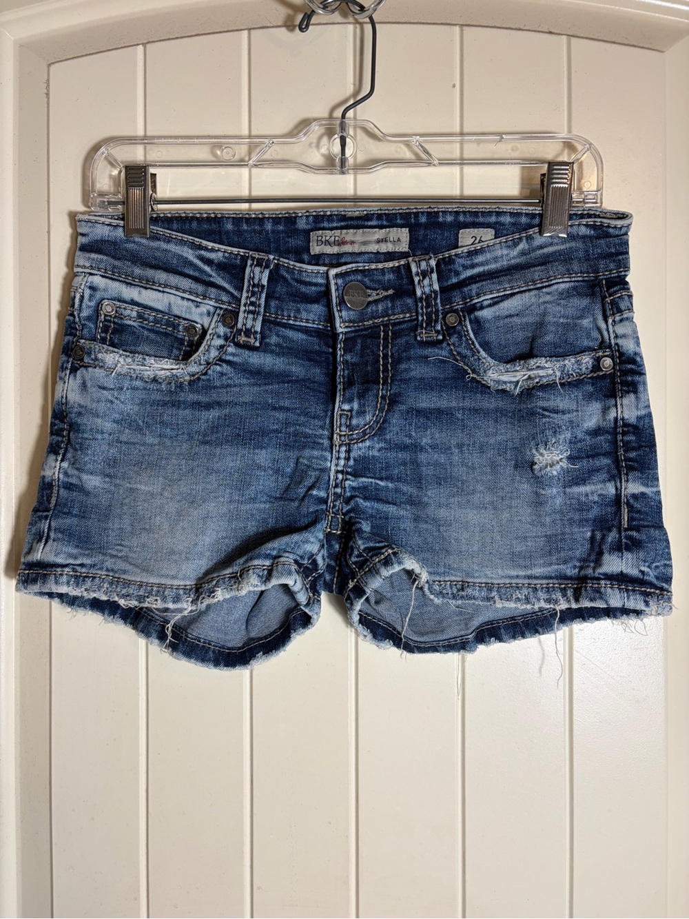 BKE Stella Distressed Blue Denim Jean Shorts - Frayed Hem